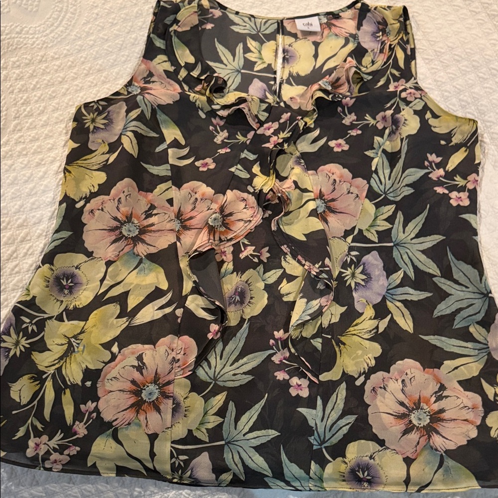 LOFT Black Floral Ruffle Blouse
